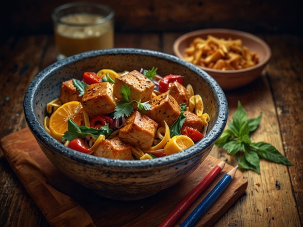 Auf dem Bild ist eine ansprechend präsentierte Schüssel mit einem bunten Nudelgericht zu sehen. Die Hauptzutaten scheinen Tofu, frisches Gemüse wie Paprika und einige Kräuter zu sein, verfeinert mit Zitronenscheiben, die für einen frischen Geschmack sorgen. Dazu gibt es eine kleine Schale mit Snacks im Hintergrund.Die Szene strahlt eine gemütliche Atmosphäre aus und vermittelt den Eindruck, dass man hier die lokale Kultur durch köstliche, gesunde Speisen erleben kann. Die rustikale Holzoberfläche und die geschmackvollen Farben der Zutaten laden dazu ein, die Aromen der Tradition zu entdecken.
