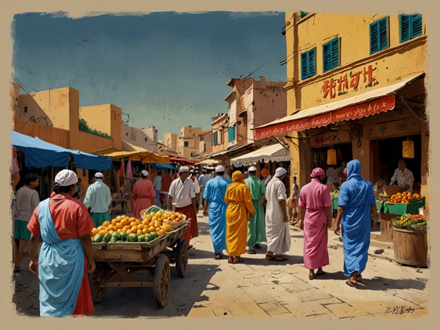 Auf dem Bild ist ein belebter Markt zu sehen, der vermutlich in einer kulturell reichen Region angesiedelt ist. Die Farben der Kleidung der Menschen, die den Markt besuchen, zeugen von traditioneller Kleidung und kulturellen Ausdrucksformen. Die Vielzahl an Ständen mit frischem Obst und Gemüse verdeutlicht die Bedeutung von landwirtschaftlichen Produkten in der lokalen Küche.Solche Märkte sind oft zentrale Begegnungsstätten, in denen nicht nur Waren, sondern auch Traditionen und kulturelle Praktiken ausgetauscht werden. Die Menschen interagieren, handeln und genießen die lebendige Atmosphäre, die typisch für Märkte in vielen Kulturen ist. Dies spiegelt auch die Gemeinschaftsbildung und die sozialen Strukturen wider, die in vielen Kulturen wichtig sind.Zusätzlich könnte die Architektur im Hintergrund, mit leuchtenden Farben und traditionellen Elementen, die kulturelle Identität der Region unterstreichen, wodurch der Markt zu einem wichtigen Teil des alltäglichen Lebens wird.