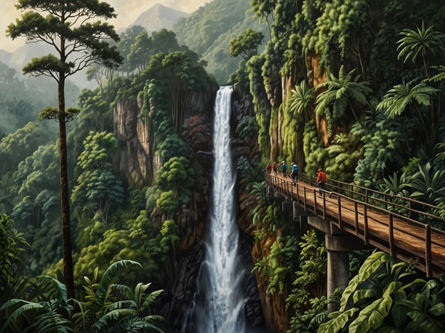Auf dem Bild ist eine beeindruckende Landschaft mit einem Wasserfall und üppiger tropischer Vegetation zu sehen. Eine Gruppe von Wanderern befindet sich auf einem Holzsteg, der in der Natur verläuft. Für Entdecker und Abenteuerlustige bietet diese Szenerie viele Möglichkeiten:1. **Wanderungen**: Erkunde die Umgebung durch geführte Wanderungen oder auf eigenen Faust, um die Vielfalt der Pflanzen und Tiere zu entdecken.2. **Fotografie**: Nutze die atemberaubende Kulisse für beeindruckende Naturfotografien und fange die Schönheit der Landschaft ein.3. **Vogelbeobachtung**: Halte Ausschau nach verschiedenen Vogelarten, die in der dichten foliage leben und sich in den Bäumen verstecken.4. **Picknick**: Genieße ein Picknick in der Natur, umgeben von der Ruhe und der natürlichen Schönheit.5. **Abenteuerliche Erkundung**: Wage dich abseits der Wege, um versteckte Wasserstellen oder spektakuläre Ausblicke zu finden.Diese Aktivitäten versprechen ein unvergessliches Abenteuer in einer beeindruckenden Naturkulisse!
