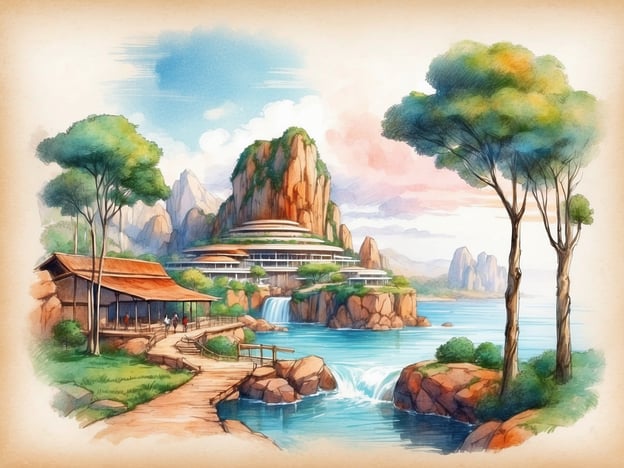 Auf dem Bild ist eine malerische Landschaft zu sehen, die ein harmonisches Zusammenspiel von Natur und Architektur zeigt. Die eindrucksvollen Berge im Hintergrund und das Wasserfall, das sanft in ein Gewässer fließt, schaffen ein beruhigendes und einladendes Ambiente.Das Besuchererlebnis könnte durch Spaziergänge auf den Wegen entlang des Wassers sowie durch Erkundungen der architektonischen Attraktionen, die sich harmonisch in die Umgebung einfügen, bereichert werden. Die Kombination aus natürlichen Elementen und durchdachter Baukunst lädt dazu ein, die Schönheit der Landschaft zu genießen und die Ruhe der Natur zu erleben.