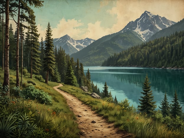 Auf dem Bild ist eine idyllische Naturszene zu sehen, die von majestätischen Bergen und einem glitzernden See umgeben ist. Ein schmaler Pfad schlängelt sich durch dichte Wälder, die von hohen Tannen und bunten Blumen geprägt sind. Diese Landschaft bietet zahlreiche Aktivitäten im Herzen der Natur, wie zum Beispiel:- Wandern auf den malerischen Wegen,- Radfahren entlang des Uferwegs,- Vogelbeobachtung in der ruhigen Umgebung,- Picknicks mit Blick auf den See,- Angeln in dem klaren Wasser.Diese Aktivitäten laden ein, die Schönheit der Natur in vollen Zügen zu genießen.