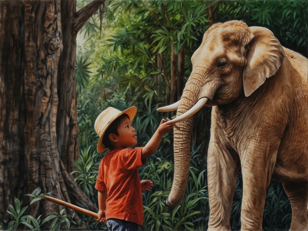 Auf dem Bild sieht man ein Kind, das sanft mit einem Elefanten interagiert. Diese Darstellung kann als Symbol für die harmonische Beziehung zwischen Mensch und Natur interpretiert werden.Im Fokus der Nachhaltigkeit steht die Wichtigkeit des Schutzes der Tierwelt und ihrer Lebensräume. Die Verbindung zwischen dem Kind und dem Elefanten verdeutlicht, wie wichtig es ist, junge Generationen zu sensibilisieren und ihnen die Bedeutung des Naturschutzes nahezubringen.Der Erhalt von Wäldern und wilden Tieren ist entscheidend für ein gesundes Ökosystem, und diese Art von Interaktionen kann das Bewusstsein für den Schutz der Artenvielfalt fördern. Solche Bilder erinnern uns daran, dass ein respektvoller Umgang mit der Natur die Grundlage für eine nachhaltige Zukunft ist.