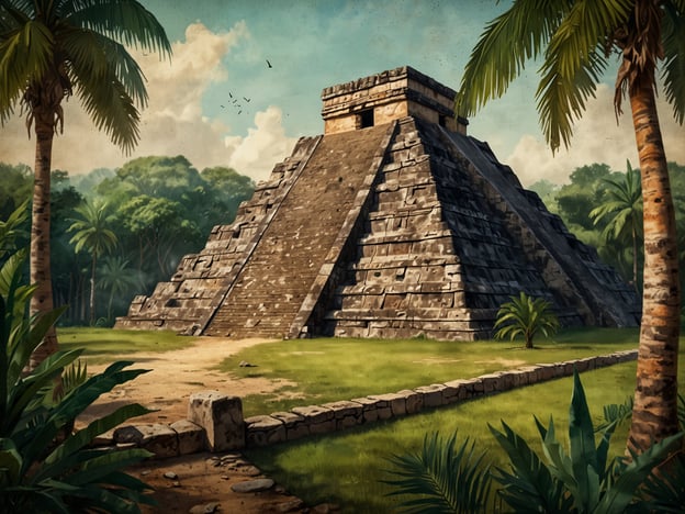 Auf dem Bild ist eine pyramidenförmige Struktur zu sehen, die typischen Merkmalen der archäologischen Stätte Tazumal in El Salvador ähnelt. Tazumal zeichnet sich durch seine terrassierte Bauweise aus, die es ermöglicht, mehrere Plattformen zu schaffen. Die Steine sind sorgfältig behauen und zeigen eine präzise Baukunst.Eine weitere Besonderheit sind die umfangreichen Stufen, die zur Pyramide führen, was auf die religiöse Bedeutung der Struktur hinweist. Auch die Verwendung von rechteckigen Blöcken und die symmetrische Anordnung sind charakteristisch für die Maya-Architektur. Die umliegende grüne Vegetation und die Palmen geben einen Eindruck von der einstigen Umgebung der Stätte.