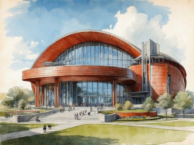 Das Bild zeigt eine künstlerische Darstellung eines modernen Gebäudes, das eine große Glasfront und architektonische Elemente in runden Formen hat. Diese Art von Design könnte gut zu einem aquaristischen oder naturwissenschaftlichen Museum passen, wie dem Aquazoo – Löbbecke Museum in Düsseldorf.Das Aquazoo – Löbbecke Museum ist bekannt für seine umfangreiche Sammlung aquatischer und terrestrischer Lebensformen und verbindet Naturerfahrung mit Bildungsangeboten. Besonders der Fokus auf den Schutz und die Erhaltung von Biodiversität ist ein zentraler Aspekt der Ausstellung. Solche modernen Gebäude sind oft darauf ausgelegt, einladend zu wirken und den Besuchern eine Verbindung zur Natur zu ermöglichen.Wie im Bild sichtbar, könnte der Außenbereich mit Grünflächen und Wegen ebenfalls Gästen die Möglichkeit bieten, sich vor oder nach dem Besuch des Museums aufzuhalten.