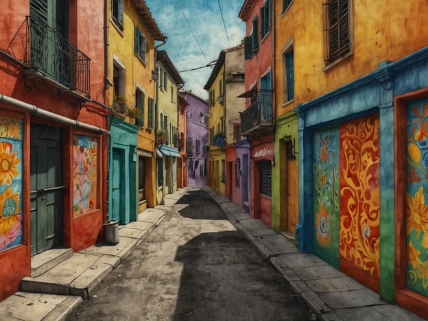 Auf dem Bild ist eine farbenfrohe und lebhafte Straße zu sehen, die mit verschiedenen bunten Häusern und Wänden geschmückt ist. Diese Farbgebung erinnert an die kulturellen Highlights in Ataco, einer Stadt in El Salvador, die bekannt für ihre bunten Fassaden und die reiche Kunstszene ist.In Ataco sind oft Wandmalereien zu finden, die die lokale Kultur und Geschichte widerspiegeln. Die Stadt ist auch berühmt für ihre handgefertigten Textilien und die Verwendung von traditionellen Muster, was in den Farben und Designs der Häuser aufgegriffen wird. Solche Straßen laden Besucher ein, die Kunst und das lokale Handwerk zu erkunden und die lebendige Atmosphäre zu genießen.