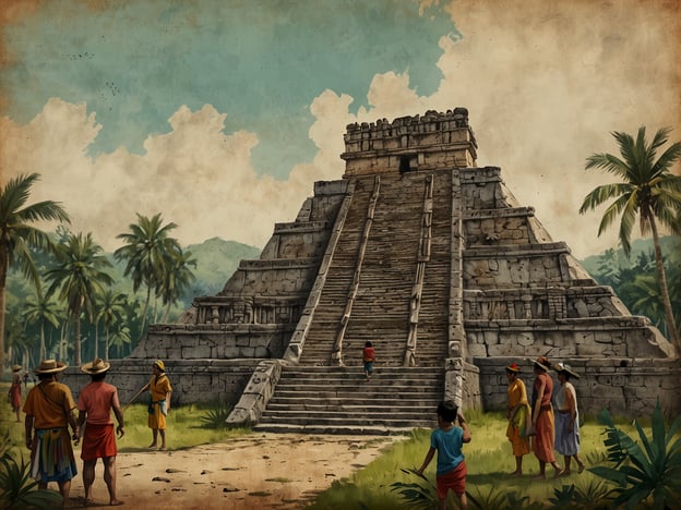 Auf dem Bild ist eine alte Maya-Pyramide zu sehen, umgeben von Palmen und einer üppigen Landschaft. Diese Pyramiden waren oft bedeutende Kulturstätten, die für religiöse Zeremonien und die Durchführung von Festlichkeiten genutzt wurden.Die Umgebung deutet darauf hin, dass Menschen sich dort versammeln, möglicherweise zu einer kulturellen Veranstaltung oder zum Austausch von Wissen. Die Interaktion zwischen den Personen könnte auf eine gemeinschaftliche Bildung hinweisen, die in solchen Gemeinschaften von großer Bedeutung war. Solche Stätten sind wichtige Überreste der Maya-Zivilisation und bieten wertvolle Einblicke in deren Geschichte und Kultur.