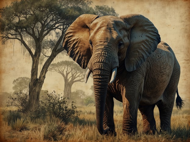 Auf dem Bild ist ein Elefant in einer afrikanischen Savanne zu sehen, umgeben von einer charakteristischen Landschaft mit vereinzelten Akazienbäumen und hochwachsen­dem Gras. Diese Region ist bekannt für ihre einzigartige Flora und Fauna. Die Savanne beherbergt viele Tierarten, darunter auch große Säugetiere, Raubtiere und verschiedene Vogelarten.Die Flora umfasst häufig laubabwerfende Bäume und Sträucher, die sich gut an die trockenen Bedingungen angepasst haben. Solche Ökosysteme bieten Lebensraum für verschiedene Arten und tragen zur biologischen Vielfalt bei. Die majestätischen Elefanten spielen eine wichtige Rolle im Ökosystem, indem sie die Vegetation beeinflussen und somit den Lebensraum für andere Tiere schaffen.