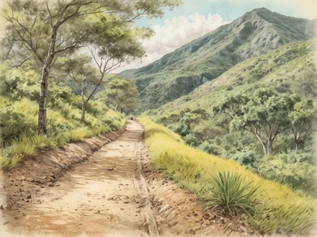 Ein malerischer Weg schlängelt sich durch eine grüne Landschaft im Camino de Cruces Nationalpark. Die umgebenden Berge sind sanft und bewaldet, während das Sonnenlicht die Strukturen der Bäume und die lebhaften Farben der Vegetation betont. Der Weg aus Erde und Steinen wird von üppigem Gras gesäumt, das in der Sonne leuchtet. In der Ferne sind Wanderer zu erkennen, die auf der historischen Handelsroute unterwegs sind, die für ihre beeindruckenden Naturerlebnisse bekannt ist. Wolken ziehen am Himmel, und die gesamte Szenerie strahlt Ruhe und Abenteuer aus.