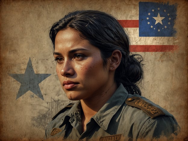Das Bild zeigt eine Frau in Militärkleidung, mit einem ernsten Ausdruck, vor einem Hintergrund, der zwei Flaggen zeigt. Eine der Flaggen könnte Anklänge an die nationalen Symbole von Ländern mit revolutionären Bewegungen haben, was im historischen Kontext von Perquín relevant ist.Perquín ist bekannt als ein Zentrum des salvadorianischen Bürgerkriegs (1980-1992), wo die FMLN (Farabundo Martí National Liberation Front) während des Konflikts aktiv war. Die Stadt wurde zu einem Symbol für den Widerstand gegen die Regierung und die internationalen Ungerechtigkeiten, die viele Bürger erlitten haben. Die militärische Präsenz und das Engagement von Frauen in der Revolution spielen eine wichtige Rolle in der Geschichte dieses Konflikts, da viele Frauen in diversen Funktionen innerhalb der Bewegung aktiv waren.Die dargestellte Person könnte somit eine symbolische Verbindung zu den Kämpfen und dem Heldentum der Frauen in dieser historischen Phase darstellen, was den Einsatz für soziale und politische Gerechtigkeit im Kontext der salvadorianischen Geschichte verdeutlicht.