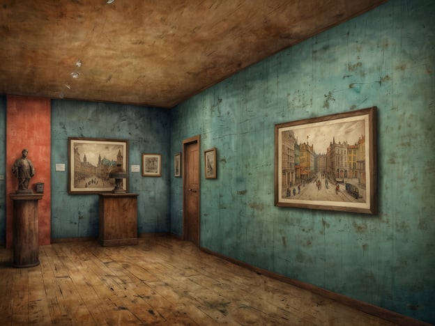 Auf dem Bild ist eine Galerie oder ein Ausstellungsraum zu sehen, der mit verschiedenen Kunstwerken geschmückt ist. Die Wände sind in einem sanften Blau und rot gestrichen, was eine warme Atmosphäre schafft. An den Wänden hängen Rahmen mit Zeichnungen oder Gemälden, und es steht eine Statue auf einem Podest, die einen historischen Kontext vermittelt.Dieser Raum könnte in einem Museum sein, das Geschichten lebendig macht, indem es die Besucher durch die Kunstwerke und Exponate in vergangene Zeiten oder bedeutende Ereignisse eintauchen lässt. Solche Museen sind oft Orte, die nicht nur Wissen vermitteln, sondern auch Emotionen wecken, indem sie die Kulturen und Geschichten hinter den Kunstwerken erzählen.