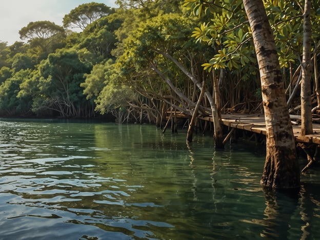 Auf dem Bild ist eine ruhige Wasserlandschaft mit mangrovenartigen Bäumen zu sehen, die um einen schmalen Wasserweg wachsen. Das Wasser wirkt klar und grünlich, während die Bäume eine üppige grüne Vegetation zeigen. Diese Szenerie könnte in der Nähe von Los Cóbanos in El Salvador sein, einem beliebten Ziel für Naturfreunde.Rund um Los Cóbanos gibt es viele Aktivitäten, die man unternehmen kann:1. **Schnorcheln und Tauchen**: Die Gewässer sind reich an Meereslebewesen, was sie ideal für Wassersportler macht.2. **Bootstouren**: Man kann Bootsfahrten durch die Mangroven unternehmen, um die einzigartige Flora und Fauna zu erkunden.3. **Vogelbeobachtung**: Die Region ist ein heißes Ziel für Ornithologen, da viele verschiedene Vogelarten hier leben.4. **Strandaktivitäten**: Entspannen am Strand oder am Wasser, ideal für Picknicks oder Sonnenbaden.5. **Fischerei**: Es gibt Möglichkeiten zum Sportfischen, um die lokale Fischerei zu erleben.Insgesamt bietet Los Cóbanos eine wunderbare Mischung aus Entspannung und aktiven Erlebnissen in der Natur.