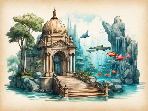Auf dem Bild ist eine malerische Szenerie mit einem prachtvollen Pavillon zu sehen, der über eine Treppe von einer Wasserlandschaft aus zu erreichen ist. Um den Pavillon schwimmen verschiedene Fische, einige in lebhaften Farben. Im Hintergrund sind Felsen und eine mystische Unterwasserwelt zu erkennen.**Besuchertipps für das Aquazoo – Löbbecke Museum:**1. **Planung der Route:** Überlegen Sie sich im Voraus, welche Ausstellungen Sie nicht verpassen möchten. Das Museum bietet viele beeindruckende Aquarien und Terrarien.2. **Führungen:** Nutzen Sie geführte Touren, um interessante Informationen über die Tiere und deren Lebensräume zu erhalten.3. **Fütterungszeiten:** Informieren Sie sich über die Fütterungszeiten, um die Fische und andere Tiere aktiv zu beobachten.4. **Interaktive Stationen:** Nehmen Sie sich Zeit, die interaktiven Stationen zu nutzen, besonders für Kinder, die hier viel lernen können.5. **Fotomöglichkeiten:** Halten Sie Ihre Kamera bereit! Es gibt viele schöne Perspektiven, um die Schönheit der Tiere und des Designs des Museums festzuhalten.6. **Besuch zu Stoßzeiten:** Überlegen Sie, zu welchen Zeiten weniger Besucher im Museum sind, um das Erlebnis entspannter zu gestalten.Viel Spaß beim Besuch!