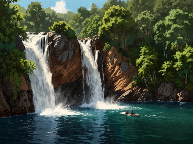 Auf dem Bild ist eine malerische Szenerie mit beeindruckenden Wasserfällen zu sehen, die in einen ruhigen, klaren Wasserbereich stürzen. Für Abenteuerlustige und Naturliebhaber bieten sich hier viele Aktivitäten an:1. **Kajakfahren**: Die ruhigen Gewässer laden ein, mit dem Kajak paddeln zu gehen und dabei die Natur hautnah zu erleben.2. **Wandern**: Entlang der Wasserfälle gibt es sicherlich Wanderwege, die spektakuläre Ausblicke bieten und durch üppige Vegetation führen.3. **Schwimmen**: In den ruhigen Stellen des Wassers kann man schwimmen und sich erfrischen.4. **Fotografie**: Die beeindruckende Landschaft ist ein idealer Ort für Naturfotografen, um die Schönheit der Natur festzuhalten.5. **Picknick**: Ein Picknick am Ufer des Wassers könnte eine entspannende Möglichkeit sein, die Umgebung zu genießen.Diese Aktivitäten bieten großartige Möglichkeiten, die Freiheit und Schönheit der Natur zu erleben.