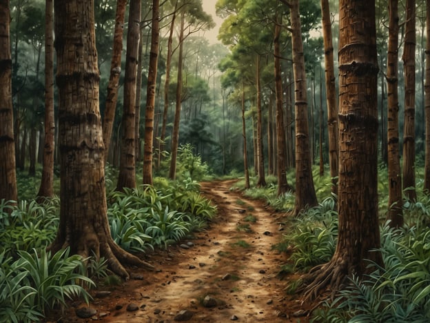 Auf dem Bild ist eine friedliche Waldlandschaft mit hohen Bäumen und einem schmalen, geschwungenen Weg zu sehen, der durch die dichten Pflanzen führt. Diese Szenerie könnte die Atmosphäre des Cinquera-Waldes in El Salvador widerspiegeln.Der Cinquera-Wald hat eine bedeutende Geschichte, insbesondere während des Bürgerkriegs in den 1980er Jahren. Er bot vielen Flüchtlingen Schutz und war ein Rückzugsort für Guerillakämpfer. Heute ist der Wald nicht nur ein wichtiges natürliches Habitat, sondern auch ein Ort der Erinnerung und Erholung. Die reiche Flora und Fauna sowie die idyllische Umgebung erinnern an die Widerstandskraft der Natur und an die Bedeutung von Schutzgebieten für die Erhaltung der Biodiversität.