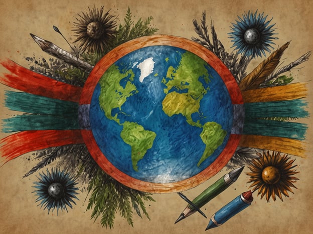 Auf dem Bild ist eine künstlerische Darstellung der Erde zu sehen, umgeben von verschiedenen naturalistischen Elementen wie Pflanzen, Federn und Sonnenblumen. Diese Elemente symbolisieren die Verbindung zur Natur und zur Umwelt.In Bezug auf die Zukunftsperspektiven für den Cinquera-Wald könnte man sagen, dass durch nachhaltige Praktiken und den Schutz der Biodiversität in den kommenden Jahren eine positive Entwicklung erwartet werden kann. Der Wald könnte zu einem wichtigen Rückzugsort für bedrohte Arten werden und gleichzeitig ein Zentrum für Umweltbildung und -forschung darstellen. Zudem könnte der Cinquera-Wald als Beispiel für Wiederaufforstungsprojekte und nachhaltigen Tourismus dienen, was sowohl ökologische als auch ökonomische Vorteile mit sich bringen könnte. In einer harmonischen Zukunft könnten Mensch und Natur besser zusammenleben, indem man die Wertschätzung für solche Ökosysteme fördert.