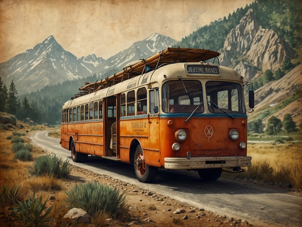 Auf dem Bild ist ein alter, orangefarbener Bus zu sehen, der in einer malerischen Berglandschaft steht. Die Umgebung zeigt hohe Berge, dichte Wälder und eine kurvige Straße, die durch die Natur führt.Vor Ort könnten Besucher eine Vielzahl von Aktivitäten erleben:- **Wanderungen**: Die umliegenden Berge bieten zahlreiche Wanderwege mit unterschiedlichen Schwierigkeitsgraden, ideal für Naturliebhaber und Abenteuerlustige.- **Fotografieren**: Die beeindruckende Landschaft ist perfekt für beeindruckende Fotos, besonders bei Sonnenauf- oder -untergang.- **Picknicks**: An den ruhigen Stellen entlang der Straße kann man ein Picknick genießen und die frische Luft sowie die Aussicht aufs Gelände.- **Erkundungstouren**: Man könnte geführte Touren in der Region unternehmen, um mehr über die lokale Flora und Fauna zu erfahren.Insgesamt wäre es ein großartiger Ort, um die Natur zu genießen und verschiedene Outdoor-Aktivitäten auszuprobieren.