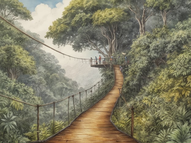 Eine Holzbrücke windet sich durch einen üppigen Nebelwald. Auf der Plattform stehen mehrere Personen, die die Aussicht genießen. Der Weg ist von dichten, grünen Bäumen und Pflanzen umgeben, die die Vielfalt und Schönheit der Natur betonen. Die Brücke führt weiter in die Tiefe des Waldes, wo die Vorfreude auf das Ziplining-Abenteuer spürbar ist. Der Himmel ist teilweise bewölkt, was die mystische Atmosphäre des Ortes verstärkt.