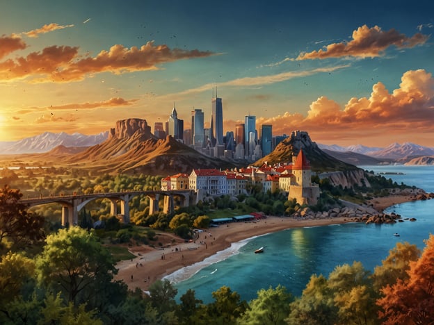 Auf dem Bild ist eine malerische Landschaft zu sehen, die eine Stadtansicht mit modernen Hochhäusern und einer naturnahen Umgebung kombiniert. Im Vordergrund sieht man eine Küste mit einem Sandstrand und sanften Wellen, während im Hintergrund markante Berge und ein klarer Himmel zu erkennen sind.Für Fotografie-Enthusiasten gibt es mehrere mögliche Aussichtsplattformen und Fotospots:1. **Hochgelegene Aussichtsplattformen**: Ein Punkt auf einem der Berge könnte tolle Panoramablicke auf die Stadt und die Küste bieten, besonders bei Sonnenuntergang.2. **Strandpromenade**: Der Strand im Vordergrund ist ideal für Aufnahmen mit dem Meer im Vordergrund und der Stadt im Hintergrund.3. **Brücke**: Die Brücke, die über das Wasser führt, wirkt attraktiv für architektonische Fotografie und bietet einen interessanten Blickwinkel.Diese Orte wären perfekt, um die Landschaft und die Stadt in einem Bild festzuhalten.