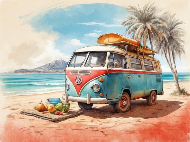 Auf dem Bild ist ein VW-Bus zu sehen, der am Strand steht, umgeben von Palmen und mit einer schönen Küstenlandschaft im Hintergrund. Diese Szenerie lädt Besucher zu verschiedenen Aktivitäten ein:1. **Surfen**: Mit dem Surfbrett auf dem Dach bietet sich die Möglichkeit, die Wellen zu reiten.2. **Picknicken**: Die frischen Früchte und Lebensmittel auf der Decke laden zu einem entspannten Picknick am Strand ein.3. **Strandspaziergänge**: Die Küste und der Sand laden zu gemütlichen Spaziergängen ein, um die Aussicht zu genießen.4. **Fotografie**: Die malerische Umgebung ist ideal für beeindruckende Urlaubsfotos.5. **Erholung**: Die ruhige Atmosphäre eignet sich perfekt zum Entspannen und Abschalten.Diese Aktivitäten machen den Ort zu einem idealen Ziel für Strandliebhaber und Abenteurer.