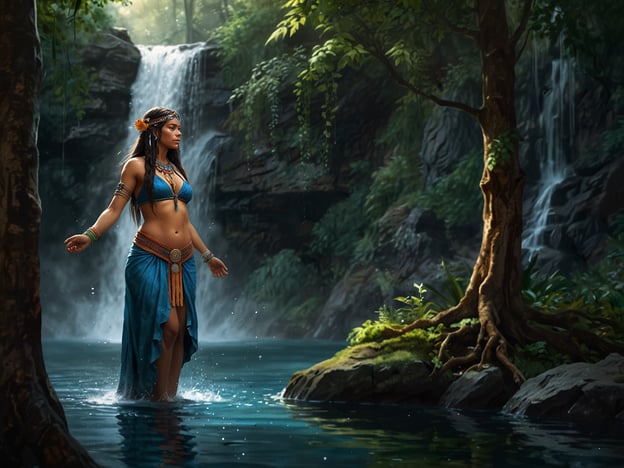 Auf dem Bild sieht man eine Frau, die in einem klaren Wasser steht, umgeben von üppiger Natur und einem Wasserfall im Hintergrund. Ihre Kleidung und Accessoires vermitteln ein Gefühl von Tradition und kulturellem Erbe.In den Geschichten von Las Pilas wird oft von Frauen erzählt, die mit der Natur verbunden sind und spirituelle Kräfte besitzen. Diese Legenden erzählen von der Fruchtbarkeit des Landes und der Bedeutung des Wassers für das Leben. Die Wassergöttin von Las Pilas wird oft als Beschützerin der Natur und der Lebenden gefeiert. Sie ist ein Symbol für Reinheit und Anmut, und ihre Erscheinung am Wasser ist ein Zeichen für Harmonie und Gleichgewicht in der Welt.Das Bild könnte somit eine Darstellung dieser mythologischen Figuren sein, die die Schönheit und Spiritualität der Umgebung verkörpern.