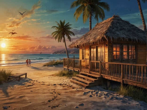 Auf dem Bild sieht man einen malerischen Sonnenuntergang über einem ruhigen Strand, wo ein Paar am Wasser entlangspaziert. In der Nähe gibt es eine gemütliche Hütte, umgeben von Palmen. Solch eine Umgebung lädt dazu ein, am Golf verschiedene Aktivitäten zu genießen, wie zum Beispiel:1. **Schwimmen**: Das kühle Wasser ist perfekt zum Abkühlen an einem heißen Tag.2. **Wassersport**: Aktivitäten wie Kajakfahren oder Paddleboarding sind ideal, um die Schönheit des Golfs zu erkunden.3. **Sonnenbaden**: Entspannen auf dem Sandstrand und die Sonne genießen.4. **Romantische Spaziergänge**: Zusammen am Strand entlanglaufen und den Sonnenuntergang beobachten.5. **Picknicks**: Eine Mahlzeit am Strand zu genießen, umgeben von der Natur.Diese Aktivitäten schaffen unvergessliche Erlebnisse im Paradies am Golf.