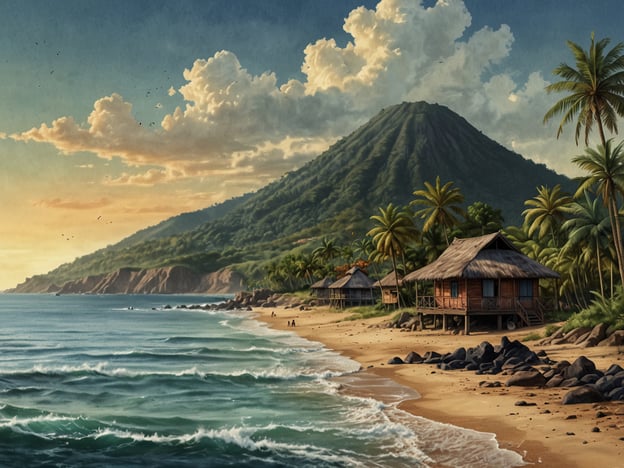 Auf dem Bild ist eine tropische Küstenlandschaft mit einem Strand, Palmen und Berghügeln im Hintergrund zu sehen. Diese Szenerie erinnert an Orte wie die Bahía de Jiquilisco in El Salvador.Die Bahía de Jiquilisco befindet sich an der Küste von El Salvador, im Departement Usulután. Sie ist bekannt für ihre beeindruckende natürliche Schönheit, die von einer Vielzahl von Küstenlinien, Mangroven und einer reichen Tierwelt geprägt ist. Diese Region spielt eine wichtige Rolle im Ökosystem, da sie Lebensraum für viele Arten, darunter verschiedene Vogel- und Fischarten, bietet.Zudem ist die Bahía de Jiquilisco ein beliebtes Ziel für den Ökotourismus und bietet zahlreiche Möglichkeiten für Aktivitäten wie Kajakfahren und Vogelbeobachtung. Ihre geografische Lage und natürliche Reichtum tragen zur Förderung des nachhaltigen Tourismus und zum Schutz der Umwelt in der Region bei.
