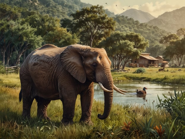 Auf dem Bild ist ein Elefant zu sehen, der in einer naturnahen Umgebung steht. Diese Landschaft, geprägt von grünen Wiesen, Bäumen und einem Wasserlauf, symbolisiert die Bedeutung von Naturschutz und nachhaltiger Entwicklung in der Region. Solche Lebensräume sind für viele Tierarten, darunter auch Elefanten, essenziell.Nachhaltigkeit in dieser Region könnte durch den Schutz natürlicher Lebensräume, die Förderung von ökologischen Tourismusanbietern und die Unterstützung der lokalen Gemeinschaften gefördert werden. Maßnahmen wie Aufforstung und die Erhaltung von Wasserressourcen sind entscheidend, um das Gleichgewicht zwischen Mensch und Natur zu wahren und die Biodiversität zu schützen. Naturschutzprojekte, die den Lebensraum von Elefanten und anderen Wildtieren sichern, sind von zentraler Bedeutung, um die Ökosysteme intakt zu halten und zukünftige Generationen zu schützen.