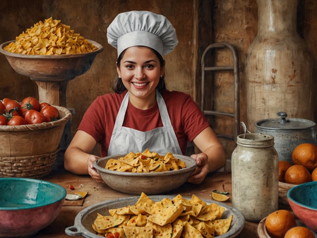 Auf dem Bild sieht man eine fröhliche Köchin, die in einer einladenden Küche mit traditionellen Zutaten arbeitet. Vor ihr befinden sich große Schalen mit frisch zubereiteten Snacks, wahrscheinlich Tortilla Chips oder ähnlich, die typisch für die mexikanische Küche sind. Die Umgebung ist geprägt von rustikalen Elementen, wie Körben mit frischen Tomaten und Orangen, was die lokale Kultur und die Bedeutung von frischen, regionalen Zutaten betont.Diese Szenerie vermittelt ein Gefühl von heimischer Gastfreundschaft und kulinarischer Tradition, in der das Zubereiten und Teilen von Speisen eine zentrale Rolle spielt. Es spiegelt auch die Freude und Leidenschaft wider, die mit dem Kochen und dem Genuss von lokalem Essen verbunden sind.