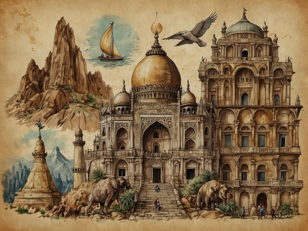 Auf dem Bild sind verschiedene architektonische und natürliche Elemente zu sehen, die eine exotische Landschaft darstellen. Diese Elemente könnten die Vielfalt an Sehenswürdigkeiten widerspiegeln, die im Tourismus von Ahuachapán eine Rolle spielen.In Ahuachapán ist der Tourismus wichtig, da er die lokale Wirtschaft ankurbelt und den Zugang zu kulturellem Erbe sowie natürlichen Schönheiten fördert. Die Region bietet zahlreiche historische Stätten, natürliche Attraktionen und Möglichkeiten für Abenteuer und Erholung, die sowohl einheimische als auch internationale Besucher anziehen. Die dargestellten Monumente und Landschaften könnten das Interesse an solchen touristischen Aktivitäten symbolisieren.