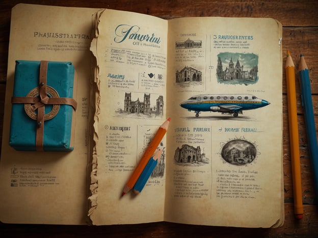 Auf dem Bild ist ein aufgeschlagenes Buch oder Notizbuch zu sehen, das eine Art Reiseführer oder Souvenirkatalog darstellt. Es enthält verschiedene Zeichnungen von Sehenswürdigkeiten, eine Liste von Aktivitäten und Informationen über Orte. Neben dem Buch liegt ein hübsch verpacktes Geschenk und einige farbige Bleistifte.Für deinen Besuch könntest du folgende praktische Informationen berücksichtigen:1. **Sehenswürdigkeiten**: Schau dir die Illustrationen im Buch an, um interessante Orte zu finden, die du besuchen möchtest.2. **Aktivitäten**: Notiere dir die empfohlenen Aktivitäten, die du ausprobieren möchtest, und plane entsprechend.3. **Geschenk**: Wenn du nach einem Souvenir suchst, inspiriere dich vom Geschenk, das auf dem Bild liegt; vielleicht gibt es ähnliche lokale Produkte, die du erwerben kannst.4. **Bleistifte**: Nimm einen Bleistift mit, um deine eigenen Notizen oder Skizzen während der Reise zu machen.Insgesamt sieht es so aus, als ob das Bild einen kreativen und inspirierenden Ansatz für das Planen von Reisen zeigt.