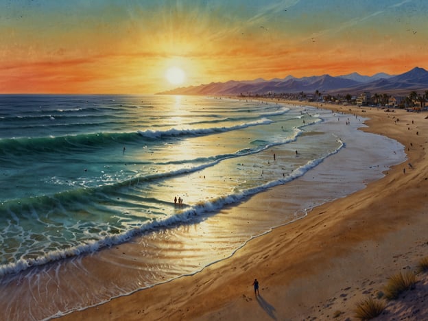 Auf dem Bild ist eine malerische Küstenlandschaft zu sehen, die eine Sonnenuntergangsstimmung widerspiegelt. Die Wellen brechen sanft an den Strand, und am Wasser sind Menschen zu sehen, die die Atmosphäre genießen.Entlang der Playa gibt es zahlreiche Surfspots, die beliebte Wellen für Surfer bieten. Bekannte Spots könnten zum Beispiel "Zicatela" oder "La Punta" in Puerto Escondido sein, die für ihre kraftvollen Wellen berühmt sind. Solche Orte ziehen Surfer weltweit an und bieten ideale Bedingungen für alle Erfahrungsstufen.