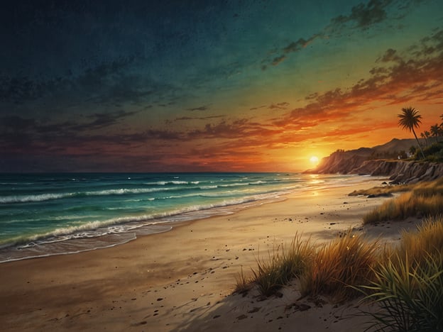 Auf dem Bild ist eine wunderschöne Strandlandschaft bei Sonnenuntergang zu sehen. Die sanften Wellen des Meeres ontmoeten den feinen Sandstrand, der von grünem Gras und Palmen gesäumt wird. Diese Szenerie bietet viele Möglichkeiten für Erholungssuchende:1. **Spaziergänge am Strand** – Genießen Sie die Ruhe und den Klang der Wellen, während Sie am Ufer entlang schlendern.2. **Sonnenbaden** – Entspannen Sie sich unter der Sonne und genießen Sie das warme Wetter.3. **Schwimmen** – Tauchen Sie in die erfrischenden Wellen ein und genießen Sie das Wasser.4. **Picknicken** – Nutzen Sie die malerische Umgebung für ein gemütliches Picknick mit Freunden oder der Familie.5. **Fotografie** – Halten Sie die beeindruckende Landschaft und den Sonnenuntergang fest.Diese Aktivitäten laden zur Entspannung und Erholung ein.