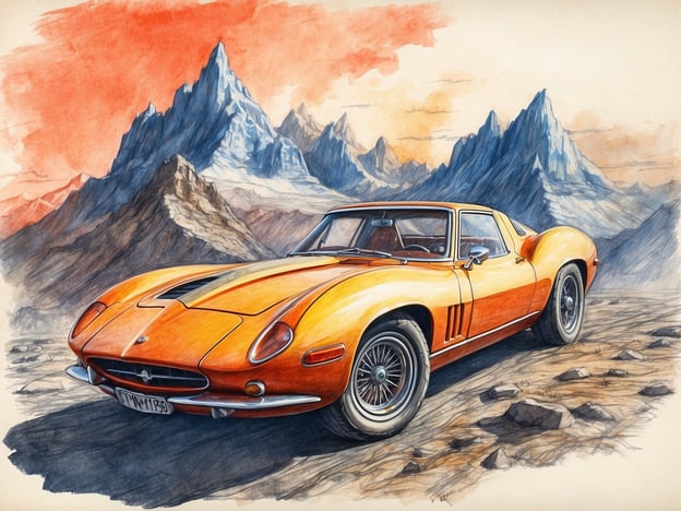 Auf dem Bild ist ein kunstvoll illustriertes Auto zu sehen, das an einer beeindruckenden, bergigen Landschaft positioniert ist. Die markante orange Farbe des Fahrzeugs zieht sofort die Aufmerksamkeit auf sich und erzeugt einen starken Kontrast zu den majestätischen, schneebedeckten Gipfeln im Hintergrund.Für Besucher könnte dieses Bild außergewöhnliche Erlebnisse hervorrufen, wie die Begeisterung für klassische Automobile und das Gefühl, in der Natur abenteuerliche Fahrten zu unternehmen. Die Kombination aus technischer Eleganz des Autos und der atemberaubenden Landschaft lädt dazu ein, Fantasie und Abenteuergeist zu entfalten.