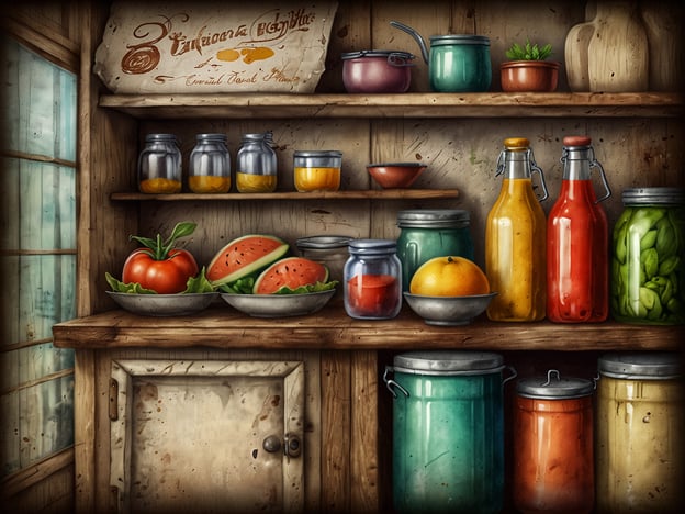 Auf dem Bild ist eine rustikale Vorratskammer zu sehen, die mit verschiedenen Lebensmitteln und Vorräten gefüllt ist. Es gibt frisches Obst und Gemüse, darunter Tomaten, Wassermelonen und eine Orange. Außerdem sind zahlreiche Gläser und Flaschen mit eingelegten Zutaten, Säften oder Saucen aus verschiedenen Farben zu sehen.In der Nähe könnten kulinarische Genüsse wie frische Salate, selbstgemachte Marmelade oder erfrischende Smoothies zubereitet werden. Die Vielfalt und Farbenpracht der Zutaten geben einen Einblick in schmackhafte und gesunde Gerichte, die man daraus kreieren könnte.