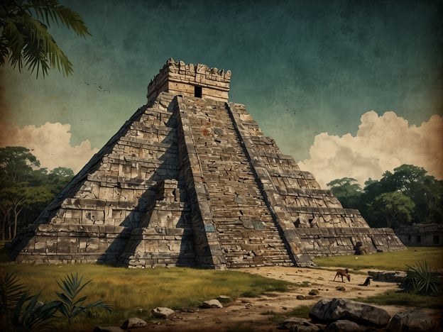 Auf dem Bild ist eine große Pyramide zu sehen, die typischerweise mit der Architektur der Maya-Kultur in Verbindung gebracht wird. Diese Art von Pyramide könnte ein Tempel oder ein wichtiges zeremonielles Gebäude darstellen, das für religiöse Rituale und Zeremonien genutzt wurde.Die Cihuatan-Maya, eine Gruppe aus der späten klassischen Zeit, waren bekannt für ihre beeindruckenden Bauwerke und ihre komplexe Gesellschaft. Diese Pyramiden wurden oft aus Stein errichtet und sind ein Hinweis auf das fortgeschrittene Wissen der Maya in Architektur und Ingenieurwesen.Umgeben von üppiger Vegetation deutet die Szenerie auf die natürliche Umgebung hin, die für die Maya von Bedeutung war. Die Pyramiden könnten auch astronomische Funktionen gehabt haben, wobei viele Maya-Stätten so ausgerichtet sind, dass sie mit bestimmten astronomischen Ereignissen korrespondieren.