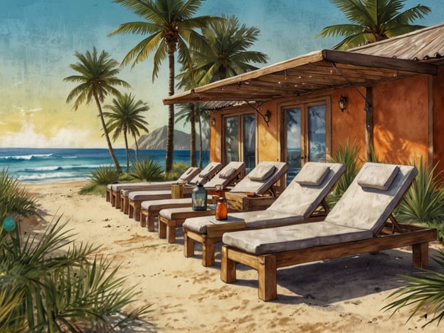 Auf dem Bild ist eine entspannende Strandkulisse zu sehen. Es gibt mehrere Liegen aus Holz mit bequemen Polstern, die auf sandigem Boden stehen. Im Hintergrund sind Palmen und ein malerisches Meer zu sehen, das sanfte Wellen schlägt. Ein gemütliches Häuschen ist ebenfalls abgebildet, sowie einige dekorative Elemente wie Laternen und Getränke, die eine einladende Atmosphäre schaffen.Um vor Ort zu entspannen, könnte man sich auf eine der Liegen legen, ein gutes Buch lesen oder einfach dem Geräusch der Wellen lauschen. Auch eine Erfrischung mit einem Cocktail oder einen Spaziergang am Strand wären wunderbare Möglichkeiten, um die Ruhe und Schönheit der Umgebung zu genießen.