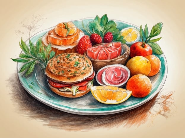 Auf dem Bild ist ein buntes Arrangement kulinarischer Genüsse zu sehen. Ein Teller ist großzügig mit verschiedenen Leckereien gedeckt, darunter ein Sandwich, frisches Obst wie Erdbeeren, Mandarinen und Orangen sowie einige weiche Wurst- und Käseaufschnitte.Dieses harmonische Bild könnte perfekt für einen entspannten Tag im Zoo sein. Nach einem Spaziergang zwischen den Tieren kann man sich mit solch köstlichen Snacks erholen und die Natur genießen. Solche Gaumenfreuden tragen zur Entspannung und zum Genuss bei, was den Zoobesuch zu einem ganz besonderen Erlebnis macht.