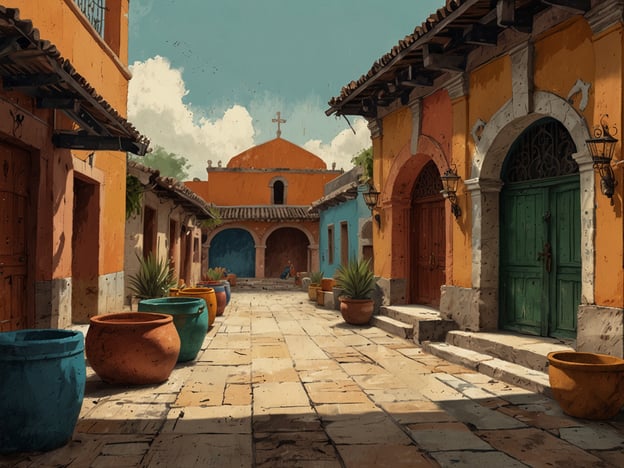Auf dem Bild ist eine farbenfrohe Straße mit traditionellen mexikanischen Häusern zu sehen. Der Stil und die Farben erinnern an die Architektur in Tehuacán, die für ihre lebhaften Fassaden bekannt ist. In der Umgebung befinden sich Tontöpfe, die oft von lokalen Kunsthandwerkern hergestellt werden.Kulturelle Highlights in Tehuacán sind unter anderem die beeindruckende Kirche San Francisco und das Regionalmuseum, das die Geschichte der Region sowie ihre archäologischen Funde präsentiert. Außerdem ist Tehuacán berühmt für seine natürliche Umgebung, insbesondere die Tehuacán-Cuicatlán Biosphäre, die ein UNESCO-Weltkulturerbe ist und für ihre Biodiversität geschätzt wird.