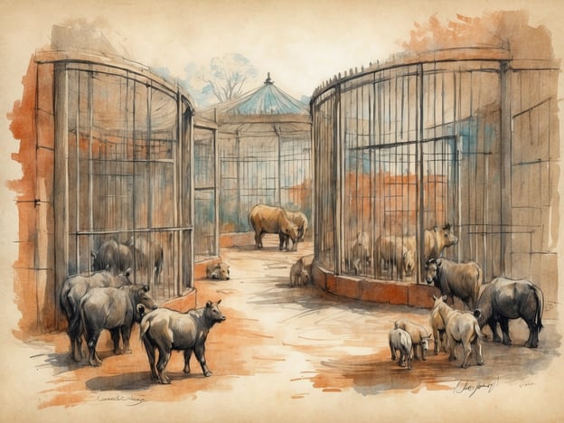 Auf dem Bild ist eine historische Darstellung eines zoologischen Gartens zu sehen. In einer artigen Umgebung mit Käfigen sind verschiedene Tiere dargestellt, darunter Rinder und deren Nachkommen. Diese Szenen erinnern an eine Zeit, als Zoos oft als Schauplätze für Bildung und Forschung dienten, in denen Besucher die Möglichkeit hatten, Tiere aus verschiedenen Regionen der Welt zu beobachten. Der zoologische Garten hatte somit nicht nur einen Unterhaltungswert, sondern spielte auch eine wichtige Rolle in der Tierforschung und dem Artenschutz.Die Gestaltung der Käfige und die Anordnung der Tiere geben Einblick in die damaligen Haltungsbedingungen und die Ästhetik zoologischer Anlagen. Diese Entwicklung spiegelt die Veränderungen im Umgang mit Tieren wider, die im Laufe der Zeit zu besseren Lebensbedingungen und einem stärkeren Fokus auf den Schutz der Tiere in Gefangenschaft geführt haben.