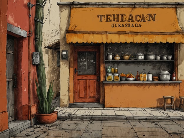 Auf dem Bild ist eine kleine Verkaufsstelle oder eine Essensbude zu sehen, die in Tehuacán, Mexiko, angesiedelt ist. Die Einrichtung hat ein einladendes orangefarbenes Schild mit dem Namen "Tehuacán". Auf dem Tisch stehen verschiedene Töpfe, Schalen und Flaschen, die wahrscheinlich lokale Speisen und Getränke enthalten.Tehuacán ist bekannt für seine kulinarischen Entdeckungen, darunter traditionelle Gerichte wie Tacos, Quesadillas und frische Säfte aus lokalen Früchten. Die gemütliche Atmosphäre und die frischen Zutaten machen diese Art von Essensständen zu einem beliebten Anlaufpunkt für Einheimische und Touristen, die die authentische Küche der Region genießen möchten.