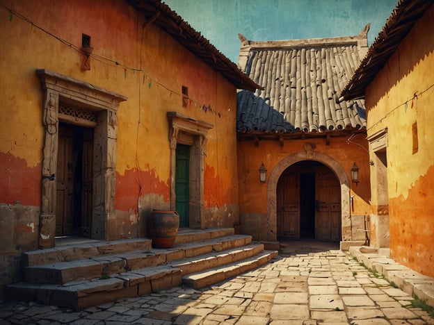 Auf dem Bild sind farbenfrohe Gebäude mit orangefarbenen und gelben Wänden zu sehen, die Teil eines traditionellen Architekturensembles sind. Solche Strukturen könnten typisch für Orte wie Panchimalco in El Salvador sein, das bekannt für seine koloniale Architektur und kulturellen Traditionen ist.Panchimalco hat eine tiefgreifende kulturelle Bedeutung, da es als ein Zentrum der Indigenen und Kolonialgeschichte gilt. Die Stadt ist bekannt für ihre lebendige Tradition der Handwerkskunst, insbesondere der Holzschnitzerei und des Kunsthandwerks. Außerdem finden dort viele Feste und religiöse Feiern statt, die die kulturelle Identität der Gemeinde unterstreichen, etwa das Feiern der Festlichkeiten zu Ehren von Santo Domingo. Die Architektur und die Farben der Gebäude spiegeln das reiche Erbe und die kulturellen Praktiken dieser Region wider.