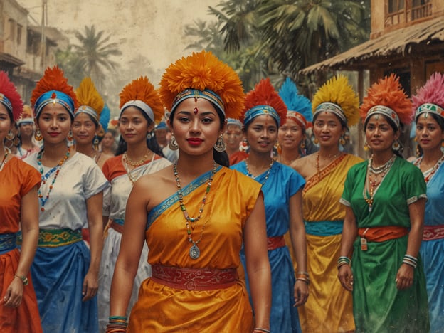 Auf dem Bild sind Frauen in bunten, traditionellen Kleidern zu sehen, die gemeinsam an einer Veranstaltung oder einem Festumzug teilnehmen. Die leuchtenden Farben ihrer Outfits und die auffälligen Kopfbedeckungen deuten darauf hin, dass es sich um ein kulturelles Fest handelt.Solche Festlichkeiten sind oft tief in den lokalen Traditionen verwurzelt. In vielen Kulturen, insbesondere in Indien und anderen asiatischen Ländern, werden bei Festivals wie Diwali oder Holi nicht nur religiöse, sondern auch Gemeinschaftsaspekte gefeiert. Die bunten Kleider symbolisieren Freude, Einheit und die Vielfalt der Teilnehmer. Die Frauen könnten Tänze aufführen, die Geschichten aus ihrer Kultur erzählen, oder traditionelle Lieder singen.Ein solches Event fördert nicht nur die kulturelle Identität, sondern stärkt auch das Gemeinschaftsgefühl und die sozialen Bindungen. Die Feierlichkeiten könnten auch Rituale oder Bräuche beinhalten, die die Teilnehmer mit ihren Vorfahren und der Geschichte ihrer Gemeinschaft verbinden.