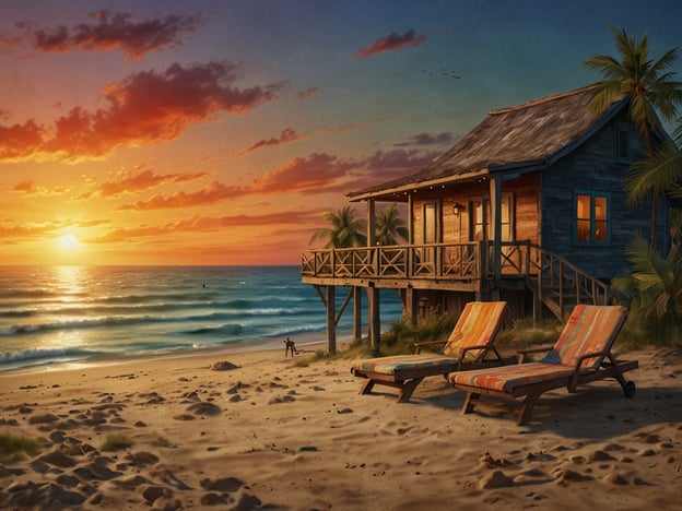 Auf dem Bild ist eine idyllische Strandlandschaft am San Marcelino Strand zu sehen, mit einem wunderschönen Sonnenuntergang, der den Himmel in warmen Farben erleuchtet. Es gibt eine gemütliche Holzhütte, die perfekt für einen entspannten Aufenthalt ist.Die Liegestühle laden dazu ein, unter dem palmengeschützten Himmel zu entspannen und dem sanften Rauschen der Wellen zu lauschen. Man könnte hier schwimmen, schnorcheln oder am Strand spazieren gehen und die frische Meeresluft genießen. Der Sonnenuntergang könnte ein idealer Zeitpunkt sein, um romantische Momente zu erleben oder den Tag mit Freunden bei einem Picknick ausklingen zu lassen. Im Hintergrund sieht man vielleicht jemanden, der Fotos macht, um die Schönheit dieses Ortes festzuhalten. Insgesamt bietet der San Marcelino Strand eine perfekte Kulisse für Erholung und unvergessliche Erlebnisse in der Natur.