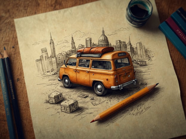 Auf dem Bild ist eine kreative Zeichnung eines orangefarbenen Fahrzeugs zu sehen, das an einen klassischen Camper erinnert. Hinter dem Fahrzeug sind stilisierte, hochaufragende Gebäude und eine Stadtsilhouette zu erkennen, die eine städtische Umgebung darstellen. Einige Kisten sind im Vordergrund angeordnet, was den Eindruck eines Abenteuers oder einer Reise vermittelt.**Praktische Tipps für Deinen Besuch:**1. **Vorbereitung:** Überlege dir, wo du das Bild sehen möchtest, und recherchiere im Vorfeld über die Umgebung.2. **Kamera:** Vergiss nicht, eine Kamera oder ein Smartphone mitzunehmen, um schöne Erinnerungen festzuhalten.3. **Zeit:** Plane genug Zeit ein, um die Details des Bildes zu genießen und vielleicht sogar eigene Skizzen oder Notizen zu machen.4. **Besonderheiten:** Achte auf Besonderheiten im Bild, die eine Geschichte erzählen oder Emotionen hervorrufen.5. **Feedback:** Scheue dich nicht, deine Eindrücke mit anderen zu teilen; so erhältst du unterschiedliche Perspektiven auf das Kunstwerk.