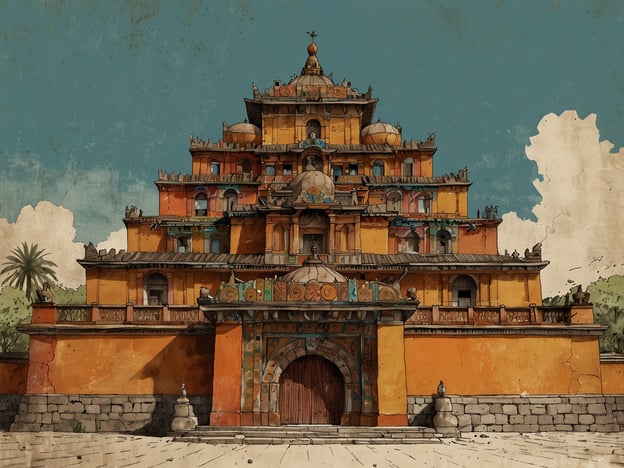 Das Bild zeigt eine beeindruckende, detaillierte Darstellung eines architektonischen Gebäudes, das an historische Stile erinnert und farbenfroh gestaltet ist. In Bezug auf die Geschichte von Metapán könnte man sagen, dass ähnliche Strukturen Symbol für kulturelle Errungenschaften und den Einfluss vergangener Zivilisationen in der Region sind. Metapán, bekannt für seine Geschichte und Architektur, bezieht seine Identität aus einer Vielzahl von kulturellen Strömungen, die sich über die Jahrhunderte entwickelt haben.Solche Bauwerke könnten einst Versammlungsorte oder religiöse Stätten gewesen sein, die das soziale und spirituelle Leben der Gemeinschaft prägten. In der Reflexion über die Vergangenheit zeigt sich, wie bedeutend Architektur nicht nur als praktisches Element, sondern auch als Ausdruck von Identität und Tradition in Orten wie Metapán ist.
