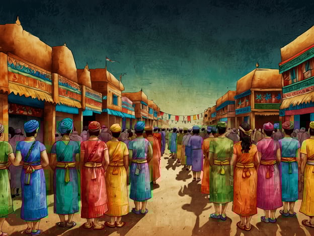 Auf dem Bild ist eine lebhafte Szene zu sehen, die ein traditionelles Fest oder einen Markt darstellt. Die Menschen sind in bunte, typischerweise traditionelle Kleidung gekleidet, was auf die Vielfalt und den Reichtum kultureller Praktiken hinweist.Die Atmosphäre ist pulsierend und voller Leben, was die Bedeutung gemeinschaftlicher Zusammenkünfte in vielen Kulturen hervorhebt. Die Anordnung der Stände und die Flaggen, die zwischen den Gebäuden hängen, schaffen eine festliche Stimmung, die oft in ländlichen Gegenden zu finden ist, wo Traditionen gefeiert und weitergegeben werden.Solche Zusammenkünfte sind nicht nur Gelegenheiten für Handel, sondern stärken auch die sozialen Bindungen und die kulturelle Identität innerhalb der Gemeinschaft.