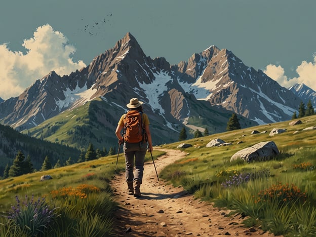 Auf dem Bild ist eine malerische Landschaft zu sehen, in der eine Person auf einem Wanderweg durch eine grüne, hügelige Umgebung geht. Im Hintergrund erheben sich beeindruckende Berge, teils mit schneebedeckten Gipfeln. Der Himmel ist blau mit einigen Wolken und Vögeln, die darüber fliegen.Für Wanderungen gibt es viele Möglichkeiten:1. **Gemütliche Spaziergänge**: Leichte Wanderungen auf befestigten Wegen, ideal für Familien mit Kindern oder ältere Menschen.2. **Anspruchsvolle Bergtouren**: Für erfahrene Wanderer, die steile Anstiege und schroffes Gelände bevorzugen.3. **Naturwanderungen**: Entdecken Sie lokale Flora und Fauna in Naturschutzgebieten oder Nationalparks.4. **Wanderungen mit Übernachtung**: Mehrtägige Touren, bei denen man in Hütten oder Zelten übernachtet und die Natur intensiv erlebt.5. **Themenwanderungen**: Routen, die sich auf spezifische Themen wie Geschichte, Geologie oder Fotografie konzentrieren.Egal für welchen Typ Wanderung man sich entscheidet, die Natur bietet für jeden Geschmack etwas!