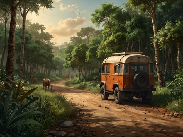 Auf dem Bild sieht man einen alten Transportwagen, der auf einem schmalen Weg durch einen dichten Wald fährt. Die Umgebung ist geprägt von üppiger Vegetation, darunter hohe Bäume und grüne Pflanzen. Im Hintergrund grasen einige Tiere, was auf eine unberührte Natur hinweist.Das Bild vermittelt eine ruhige, naturnahe Atmosphäre und thematisiert die Bedeutung von Nachhaltigkeit und Naturschutz. Es erinnert daran, wie wichtig es ist, solche Lebensräume zu bewahren und die Artenvielfalt zu schützen, um die Schönheit und Integrität von Ökosystemen zu erhalten. Die Präsenz des Wagens könnte zudem auf das Potenzial für umweltfreundliche Erkundungen hinweisen, die mit einem respektvollen Umgang mit der Natur einhergehen sollten.