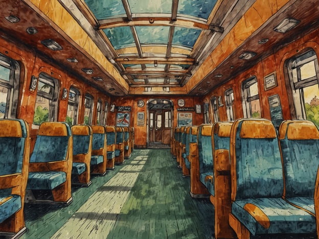 Auf dem Bild ist das Innere eines Zuges zu sehen. Der Waggon hat eine warme Holzoptik und Sitzplätze in Blau und Orange. Es gibt große Fenster, die viel Licht hereinlassen, sowie einige Anzeigetafeln und eine Uhr an der Wand.### Praktische Informationen für deinen Besuch:1. **Tickets**: Stelle sicher, dass du dein Ticket im Voraus kaufst, entweder online oder am Bahnhof, um lange Schlangen zu vermeiden.2. **Sitzplatzreservierung**: In vielen Zügen ist eine Sitzplatzreservierung möglich und kann hilfreich sein, besonders bei längeren Fahrten.3. **Gepäck**: Achte darauf, dein Gepäck sicher unterzubringen oder auf den Gepäckablagen abzulegen, um den Platz zu optimieren.4. **Fahrpläne**: Überprüfe die Fahrpläne im Voraus, um deine Reise gut zu planen und Verspätungen zu vermeiden.5. **Verpflegung**: Einige Züge bieten Verpflegungsservices an; es ist jedoch ratsam, Snacks und Getränke selbst mitzunehmen, insbesondere auf längeren Reisen.6. **Unterhaltung**: Lade dir Musik oder Filme auf dein Gerät herunter, da die Internetverbindung im Zug möglicherweise nicht zuverlässig ist.7. **Sicherheit**: Achte auf deine Wertsachen und halte deinen Platz sauber für andere Reisende.