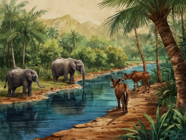 Auf dem Bild sind mehrere Tiere in einer naturnahen Umgebung abgebildet. Es sind zwei Elefanten, die am Wasser stehen, sowie zwei Pferde, die sich ebenfalls in der Nähe eines Gewässers aufhalten. Die Landschaft wirkt üppig und tropisch, mit vielen Pflanzen und Bäumen.Der **Golfo de Jiquilisco** in El Salvador ist ein bedeutendes Naturschutzgebiet, das eine Vielzahl von Ökosystemen beherbergt, darunter Mangroven, Feuchtgebiete und Küstenlinien. Diese Gebiete sind Heimat für viele bedrohte Tierarten und bieten wichtige Nistplätze für Vögel sowie Lebensräume für Fische und andere Meereslebewesen. Der Schutz dieser Ökosysteme ist entscheidend für die Erhaltung der biologischen Vielfalt und das Gleichgewicht der Natur. Der Golfo de Jiquilisco spielt eine wesentliche Rolle in der lokalen Fischerei und der Umweltbildung, was den Naturschutz in der Region weiter fördert.